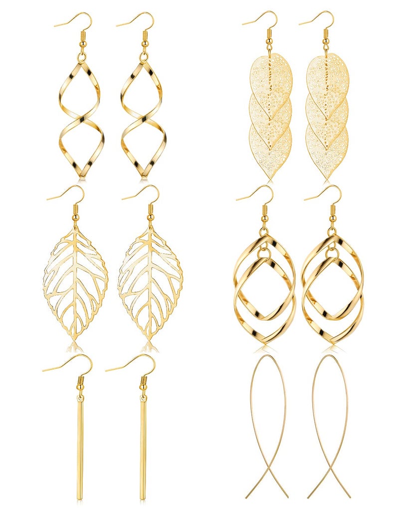 FUNEIA 6 Pairs Drop Dangle Earrings for Women Long Bar Double Twist Wave Curved Threader Cut Out Leaf Lightweight Earrings Set - Image 1